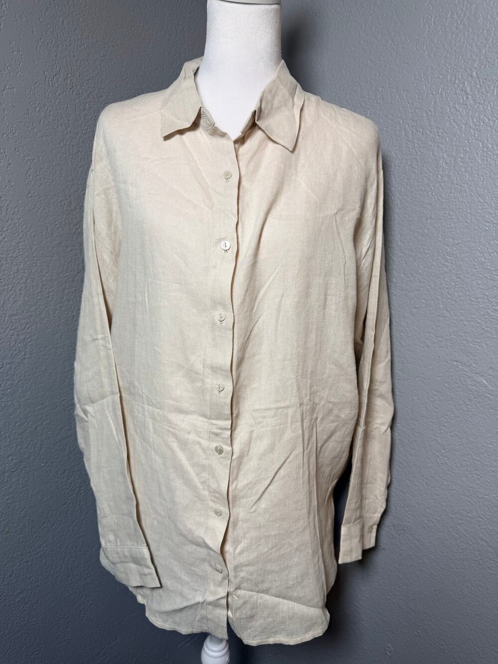 BLANKNYC Women's Linen Button Front Shirt Beige Long Sleeve  Top Size L NWT